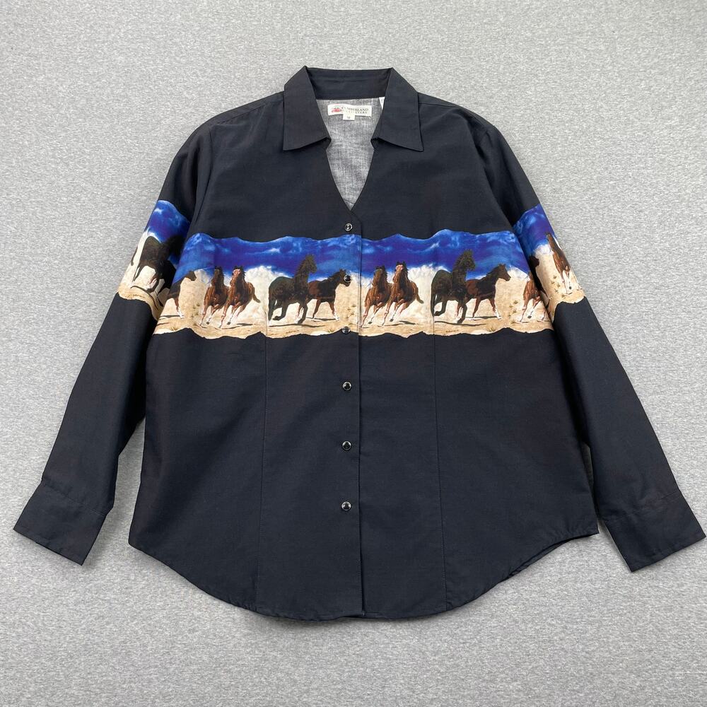 Vintage Cumberland Outfitters Horse Print Snap Up Shirt Womens M Western Black